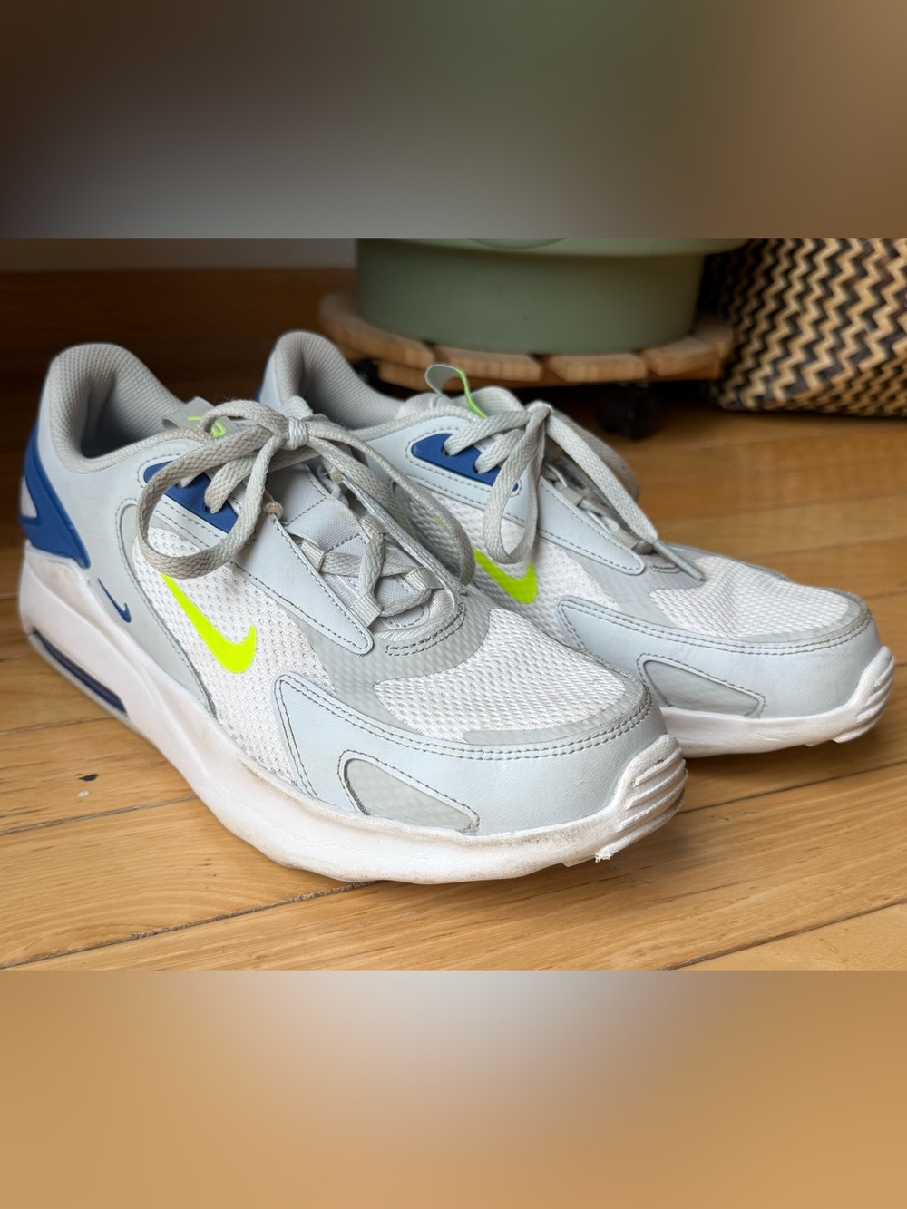 Nike Kids Light Gray and Blue Sneakers with Neon Yellow Swoosh